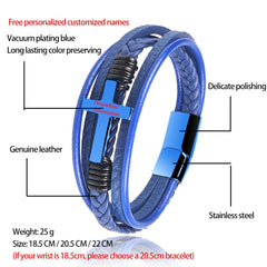 Mens leather wrist band blue features