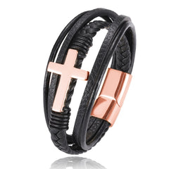 Mens wrist band leather black gold front view