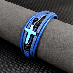 Mens leather wrist band close up blue