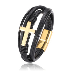 Mens leather wrist band black gold close up