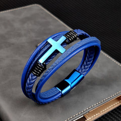 Mens leather wrist band blue